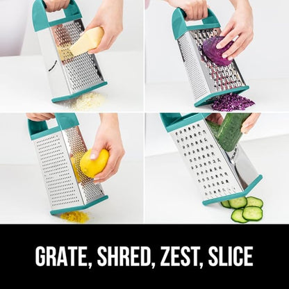 GORILLA GRIP 4-Sided 100% BPA-Free Cheese Grater With Container, Stainless Steel Box Graters, Parmesan Shredder, Grate Cheeses, Shred Veggies, Slip Resistant Handle, Dishwasher Safe Zester, Turquoise