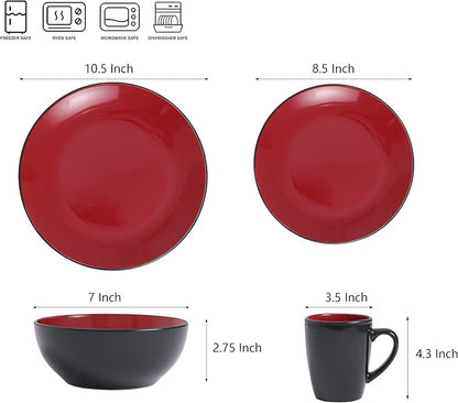 Bestone 16 Piece Round Kitchen Dinnerware Set,Plates and Bowls sets,Dishes, Plates, Bowls, Mugs, Dish Set，Plates and Bowls,Service for 4, Stoneware Dinnerware,Red and Black