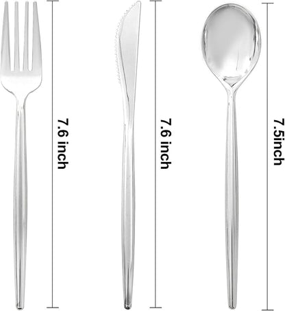 SUT 300Pcs Silver Plastic Cutlery, Silver Utensils Disposable, silver Plastic Silverware Set Include 100 Plastic Forks, 100 plastic Spoons, 100 plastic Knives Heavy Duty Flatware for Party