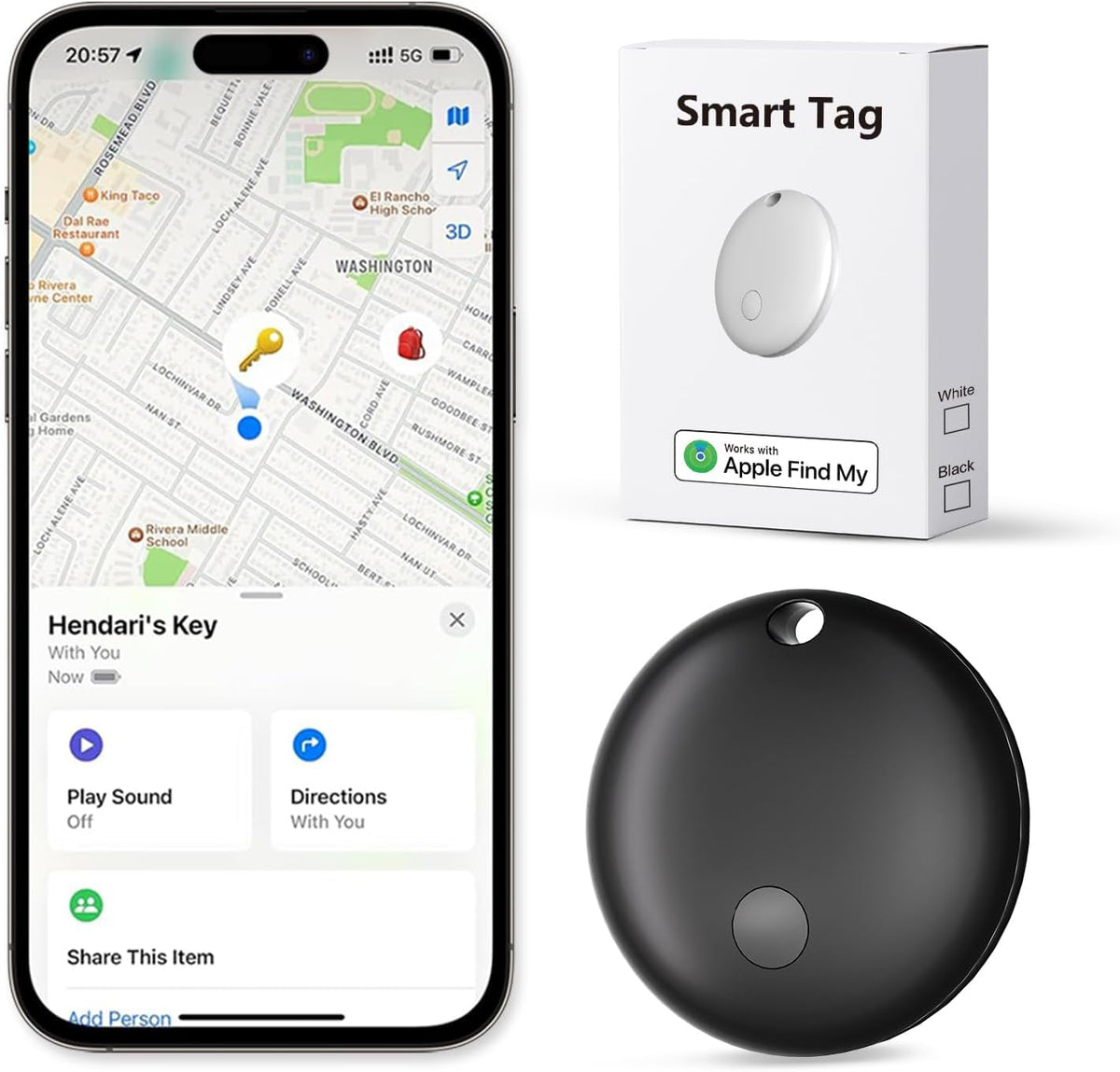 Tracker Tags, Item Finder Work with Apple Find My (iOS Only), Tracking Device Locator Smart Tag for Luggage, Keys, Wallet, Bike, Pets, Bags (Black, 1 Pack)