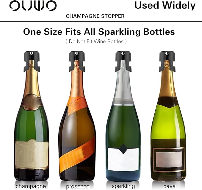 Champagne Sealer Stopper 6 Pack Stainless Steel Sparkling Wine Bottle Stoppers，Leak-Proof Bubble Retaining Saver，Suitable for Champagne Prosecco Cava and Sparkling (Black)