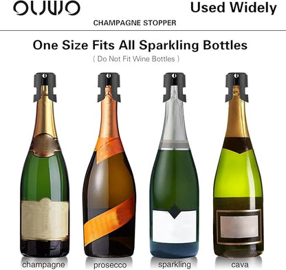 Champagne Sealer Stopper 6 Pack Stainless Steel Sparkling Wine Bottle Stoppers，Leak-Proof Bubble Retaining Saver，Suitable for Champagne Prosecco Cava and Sparkling (Black)