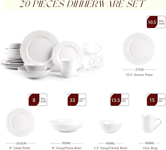Pearl Dots Stoneware Dinnerware Set 20pc Set, White