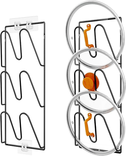 2 Pack Pot Lid Organizer Rack, 6-Tier Pot Lids Holder for Cabinet Door/Wall, No Drilling Adhesive Wall/Door Mounted Rustproof Pot and Pan Cover for Kitchen Storage, Classic Black