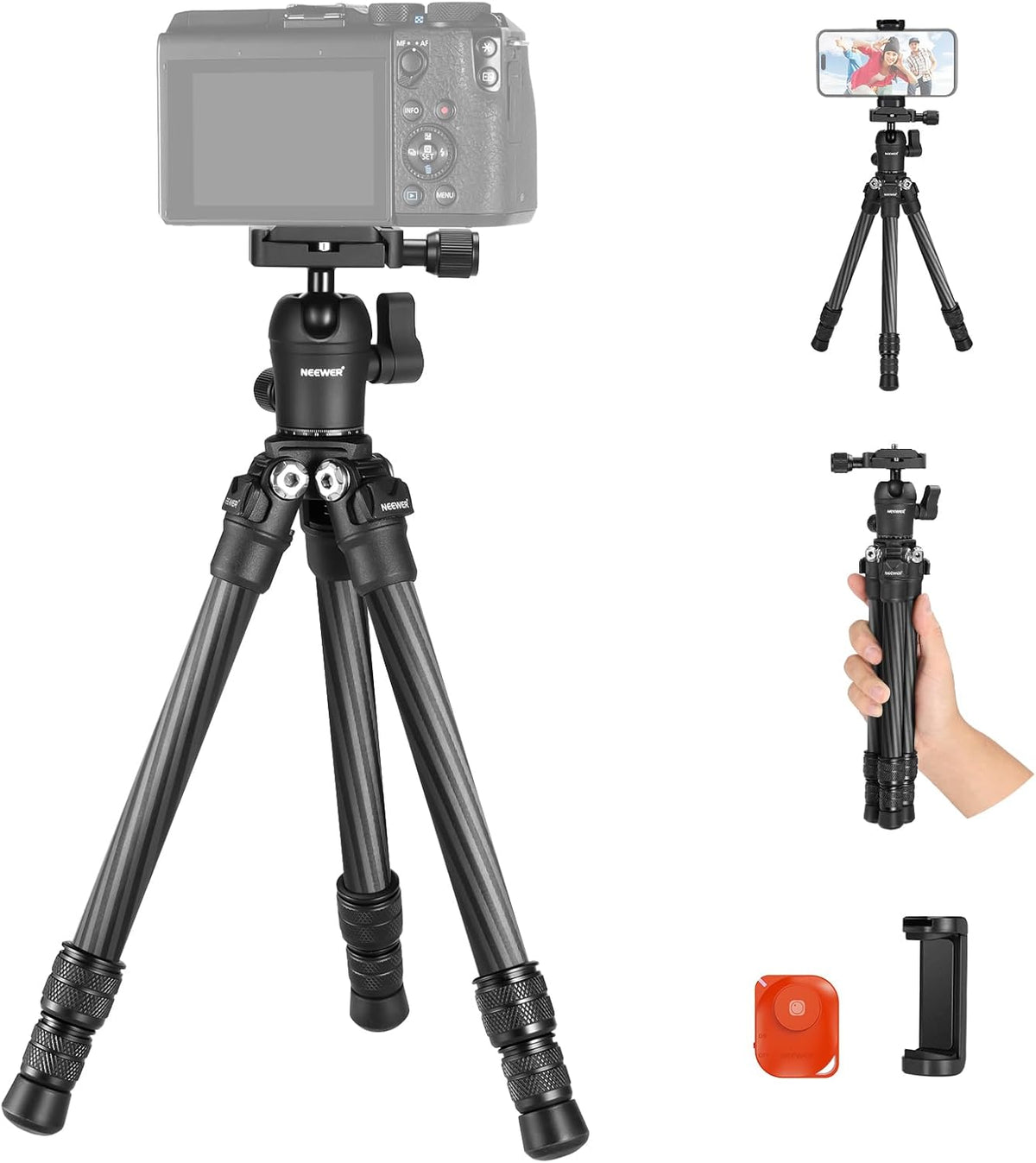NEEWER TP09 Carbon Fiber Mini Tripod Compatible with iPhone, 20" Lightweight Compact Travel Desktop Tripod Stand with Ball Head, Phone Holder, Remote for Phone DSLR Camera Video Camcorder Webcam