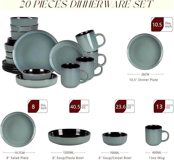 HomeVSS 20-Piece Dinnerware Set - Serves 4, Reactive Glaze Green Plates & Bowls Set | Microwave & Dishwasher Safe Dishes Set