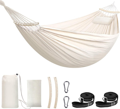 Chihee Cotton Hammock Large Soft Breathable Camping Hammock Holds Up to 660lbs Portable Tree Hammocks with Detachable Spreader Bar Pillow 2 Strong Webbings 2 Carabiners Patio Garden Indoor Outdoor