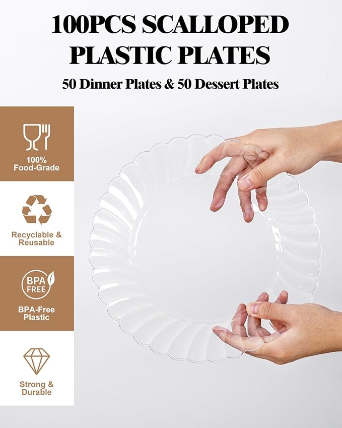 YOUBET 100PCS Clear Scalloped Plastic Plates