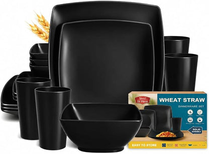 Teivio 16-piece Plastic Wheat Straw Square Dinnerware Set