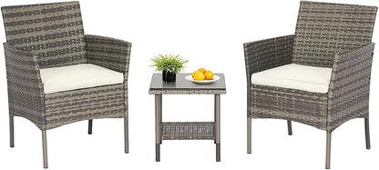 FDW | 3-Piece Patio Furniture Set | Gray & Khaki | Outdoor Wicker Furniture