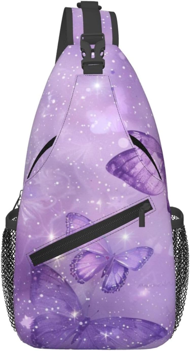 SUPLUCHOM Sling Bag Butterfly Purple Pastel Hiking Daypack Crossbody Shoulder Backpack Travel Chest Pack for Men Women