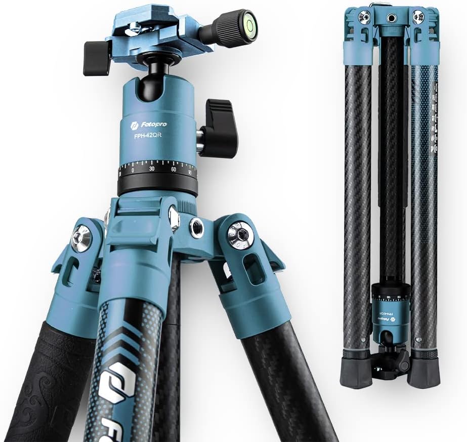 Fotopro Carbon Fiber Tripod 60 Inch 360 Degree Ball Head Quick Release Plate Lightweight Camera Tripod for Travel Tripod Folded Height Only 14.2",Max Loads up to 22lbs,Blue