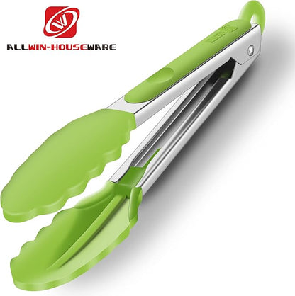 Premium Silicone Set of 2 Cooking Tongs, 9-Inch & 12-Inch BPA Free Non-Stick Stainless Steel BBQ Grilling Locking Food Tong, Light Green