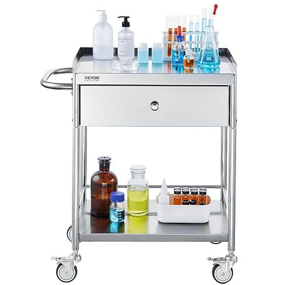 VEVOR Medical Cart, 2-Layer Stainless Steel Cart 220 lbs Weight Capacity, Lab Utility Cart with 360° Silent Wheels and a Drawer for Lab, Clinic, Kitchen, Salon, 141002