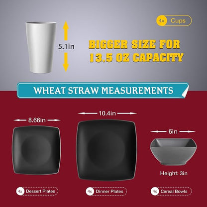 Teivio 16-piece Plastic Wheat Straw Square Dinnerware Set