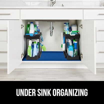 GORILLA GRIP Waterproof Silicone Under Sink Mat with Raised Lip for Kitchen and Bathroom, 46 x 22 in, Cabinet Shelf Liner Stay in Place Mats Dishwasher Safe Drawer Liner, Organizer Tray, Blue