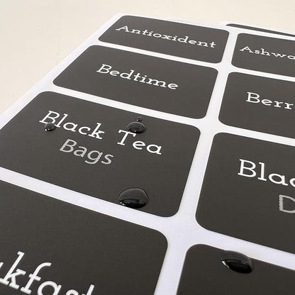 Tea Tin Labels, 160 Pre-Printed Waterproof Adhesive Labels, 1.7 x 1.2 Inches, Vinyl Material, Removable