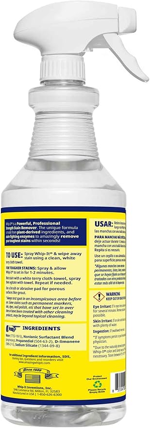 Whip It Cleaner, Multi Purpose Stain Remover Professional Strength Spray, Plant Based Enzyme Cleaner, Cleaning Food, Coffee, Wine, Baby Stains, Pet Stains, Over 500 uses, Made in USA, 32 OZ