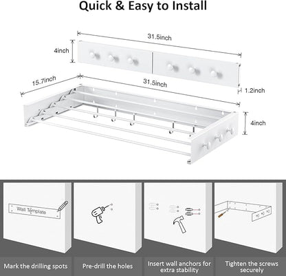 Drying Rack Clothing,Clothes Drying Rack Wall Mounted,Laundry Drying Rack Wall Mount,Foldable,Collapsible,60 lb Capacity 5 Aluminium Poles with 12 Hooks,Space Saving Clothes Drying Rack,White 31.5"