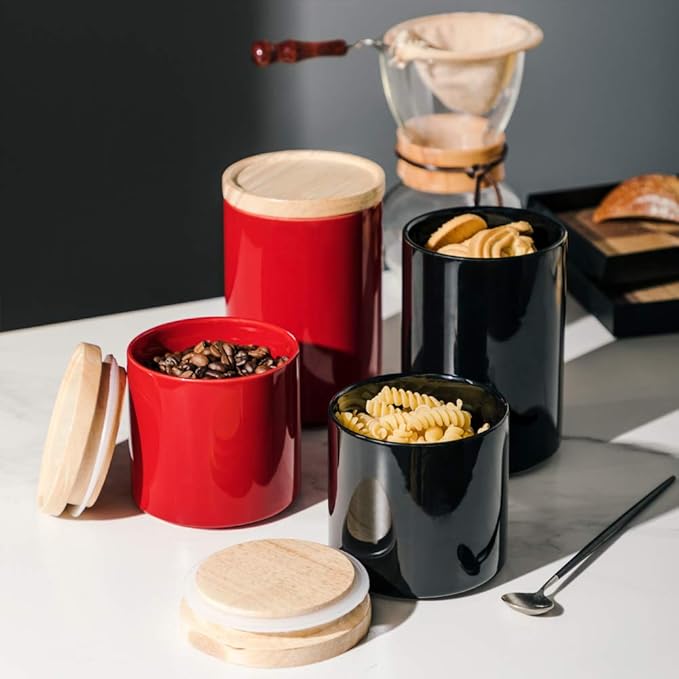 Sweejar Kitchen Canisters Ceramic Food Storage Jar, Stackable Containers with Airtight Seal Wooden Lid for Serving Ground Coffee, Tea, Sugar, Salt and More - 16 Fl Oz (Black)