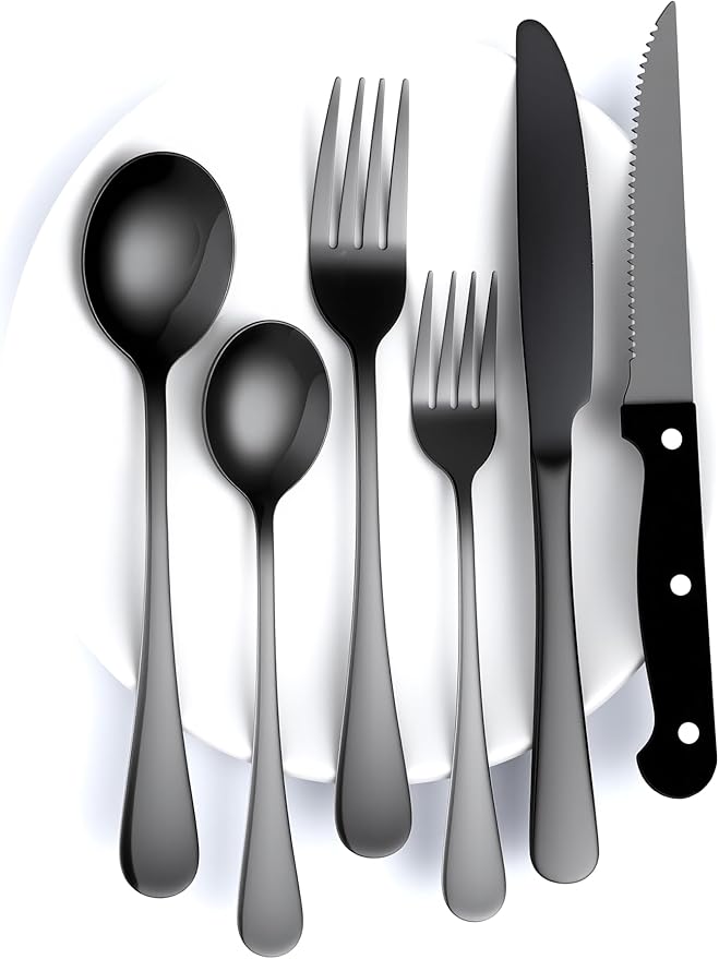 24 Pcs Balck Silverware Set for 4, Food-Grade Stainless Steel Flatware Set,Mirror Polished Cutlery Utensil Set, Include Steak Knife Fork and Spoo, Dishwasher Safe