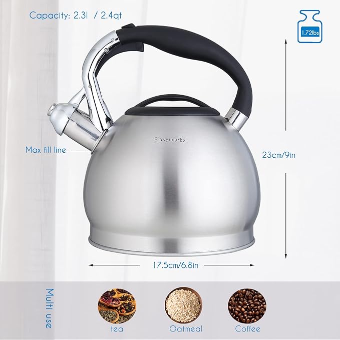 Easyworkz Whistling Stovetop Tea Kettle Food Grade Stainless Steel Hot Water Tea Pot With Loud Whistle, 2.4 Quart(2.3l)