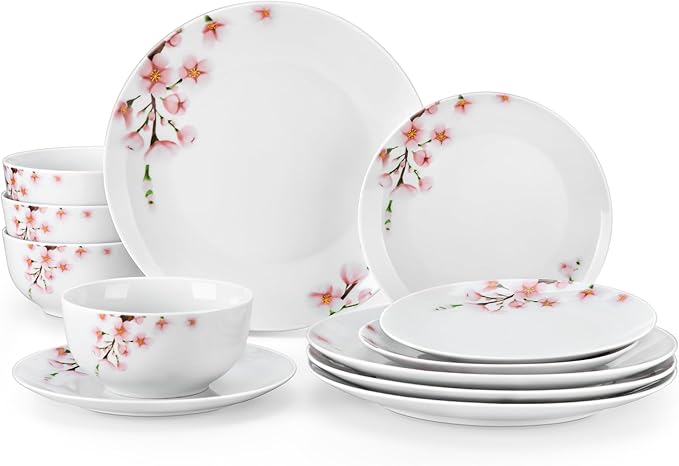 VEWEET Porcelain Dinnerware Sets for 4, 12 Pieces Plates and Bowls Set with Pink Floral, Kitchen Dishes Set Dining Ware for Family, Microwave and Dishwasher Safe, Series ANNIE