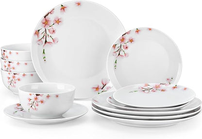 VEWEET Porcelain Dinnerware Sets for 4, 12 Pieces Plates and Bowls Set with Pink Floral, Kitchen Dishes Set Dining Ware for Family, Microwave and Dishwasher Safe, Series ANNIE