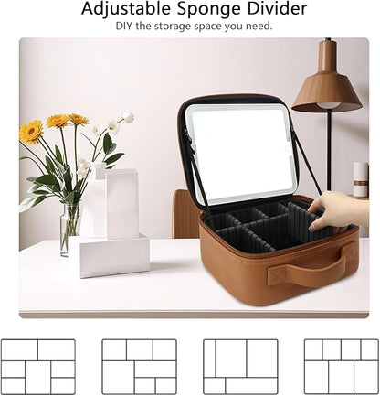 Travel Makeup Bag with LED Mirror Travel Makeup Organizer with 3 Lighted Settings, Adjustable Dividers and Makeup Brush Storage Bag Brown