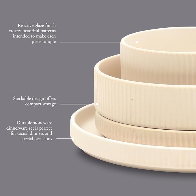 Gibson Elite Deerfield 16-Piece Stoneware Dinnerware Set – Cream White Reactive