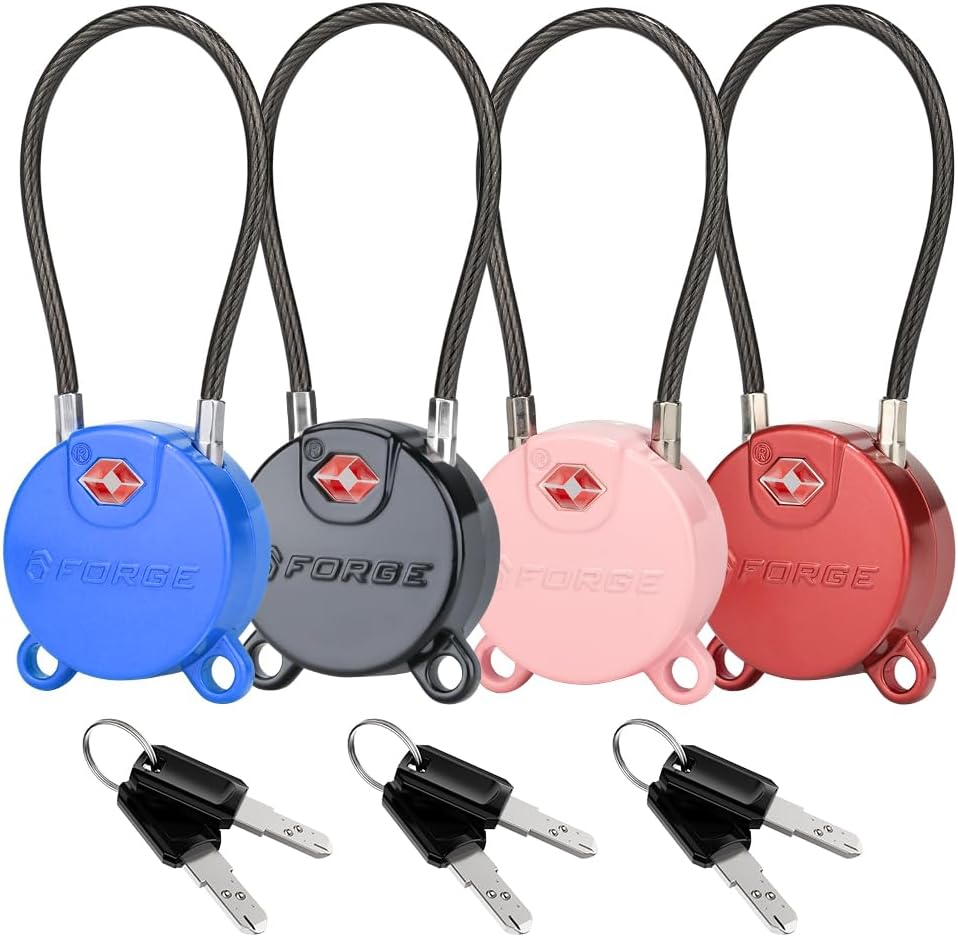 Forge TSA Approved Luggage Locks Ultra-Secure Dimple Key Travel Cable Locks with Zinc Alloy Body- 4 Locks, Black, Blue, red, Green.