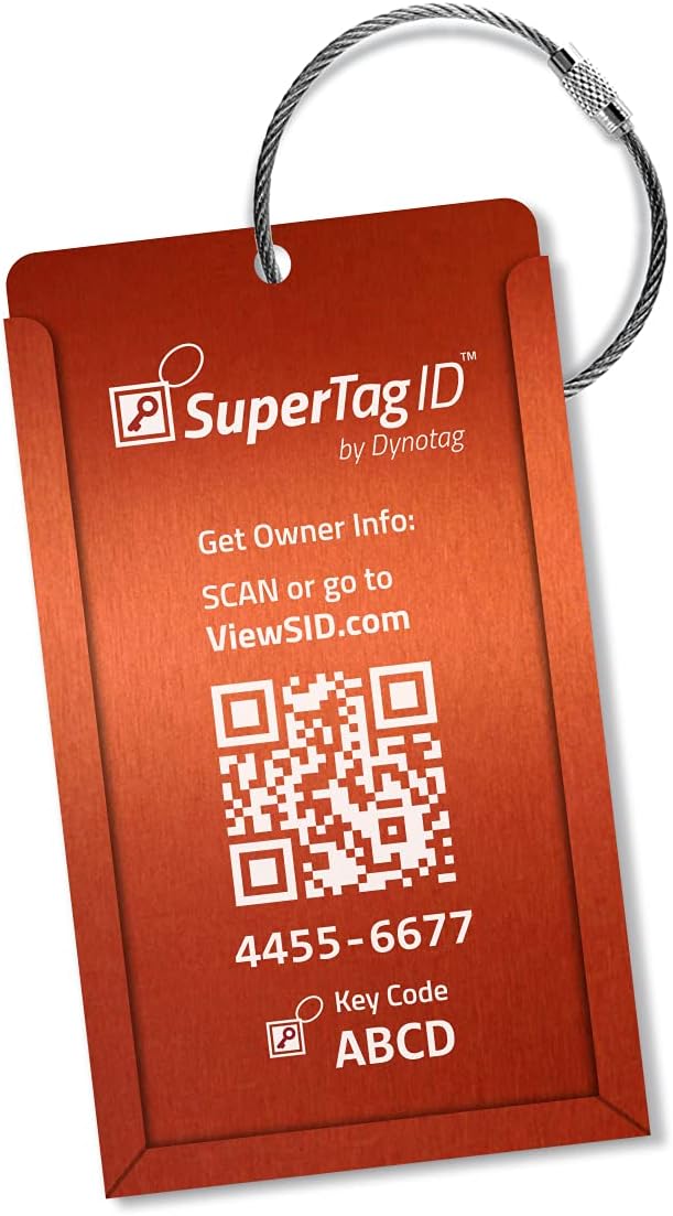 Dynotag® Web Enabled Smart Aluminum Convertible Luggage ID Tag + Braided Steel Loop, with DynoIQ™ & Lifetime Recovery Service (Electric Orange)