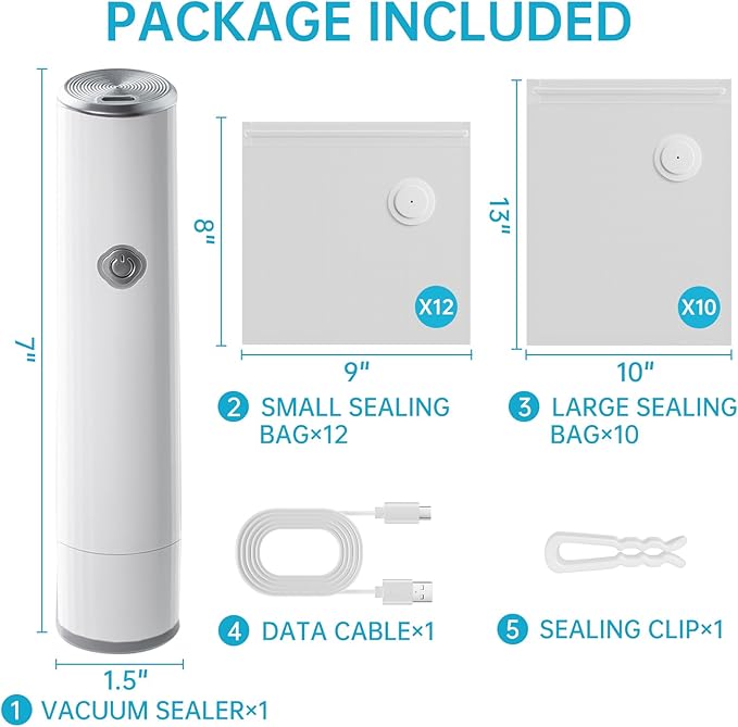 Handheld Vacuum Sealer for Food with 22 Reusable Sous Vide Bags, Compact Cordless Sealer Machine for Travel, Fresh & Save Meal Prep