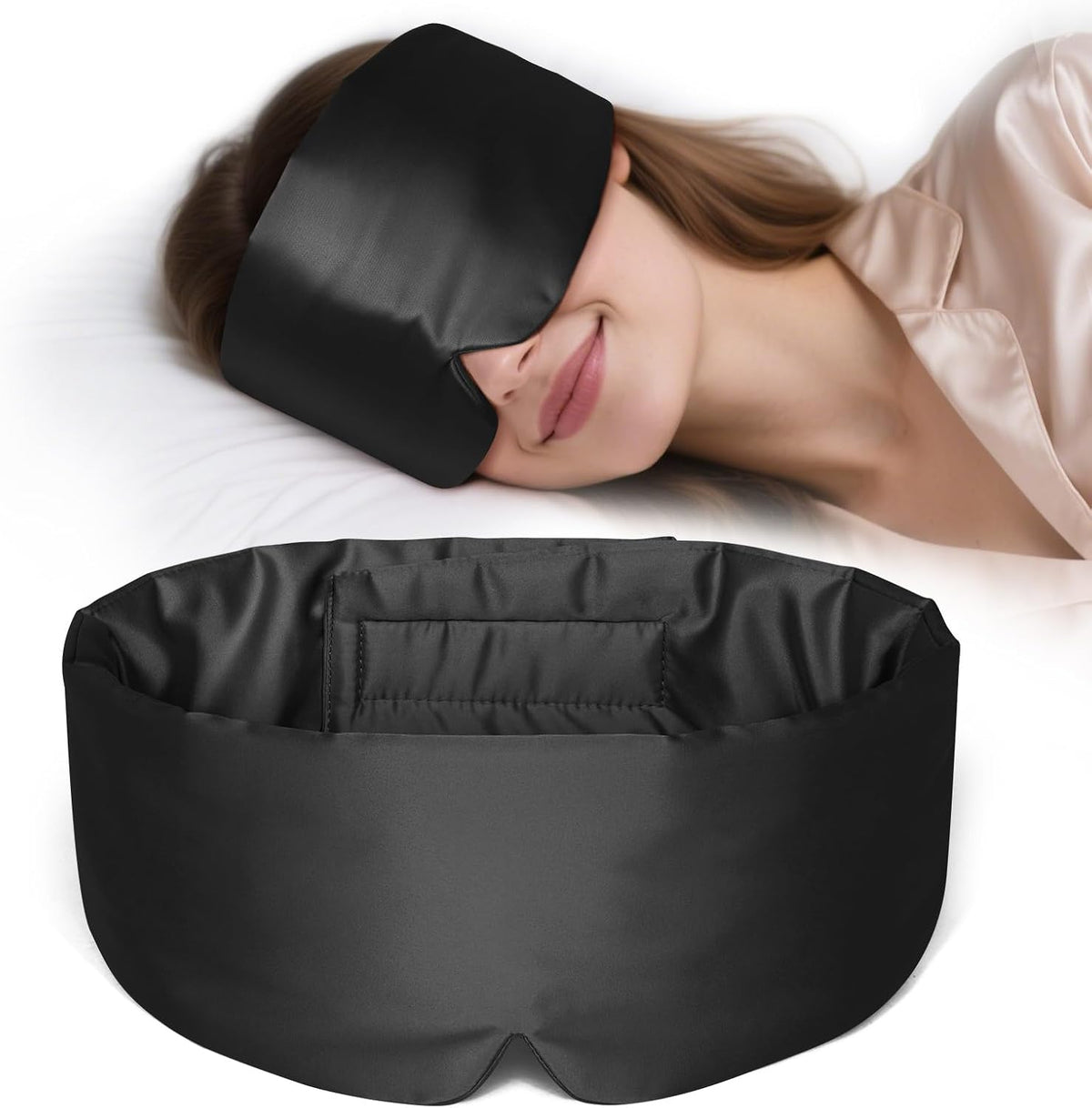 Zenssia Satin Sleep Mask for Women and Men, Lightweight Padded Eye Mask with Adjustable Strap, Comfort Blackout for Travel and Nap - Black