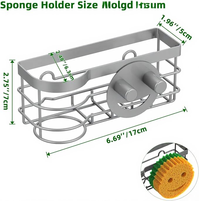 Cisily Grey Smiley Sponge Holder for Kitchen Sink Caddy, Stainless Steel Brush Holder Dish Cloth Hanger, Suction Cup Sink Organizer Scrubber
