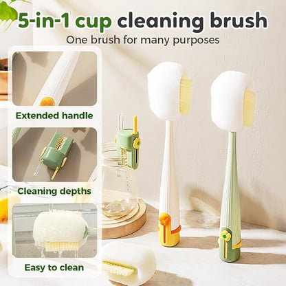 5-in-1 Bottle Cleaning Brush Set, Multifunctional Household Cleaning Kit with Long Flexible Scrubber,for Narrow Mugs, Stainless Steel Cups, Baby Bottles and Tumbler (White, 1 pcs)