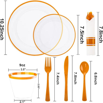 SUT 175Pcs Orange and Clear Plastic Dinnerware Set