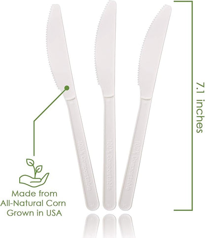 Ecovita 100% Compostable Knives - 500 Large Disposable Utensils (7 in.) Bulk Size Eco Friendly Durable and Heat Resistant Alternative to Plastic Knives with Convenient Tray