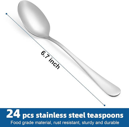 24 Pcs Teaspoons Set, Food-Grade Stainless Steel Spoons Silverware, Cutlery Tea