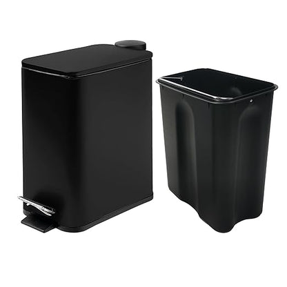 Stainless Steel Small Trash Can with Lid & Step Pedal - 6 Liters/1.6 Gallon Soft Close Garbage Can with Removeable Inner Bucket - Trash Cans for Bathroom, Bedroom, Kitchen & Office (Black)