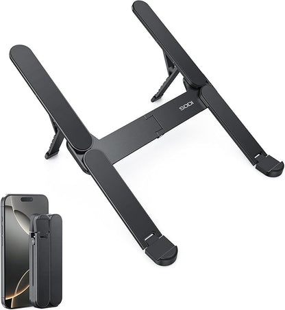 SODI Ultra Compact Foldable Laptop Stand - Portable Laptop Holder for Desk & Travel Use, Ergonomic Aluminum Computer Holder with Adjustable Height for MacBook, Tablet 10-16" (Dark Black, Bi-Fold)