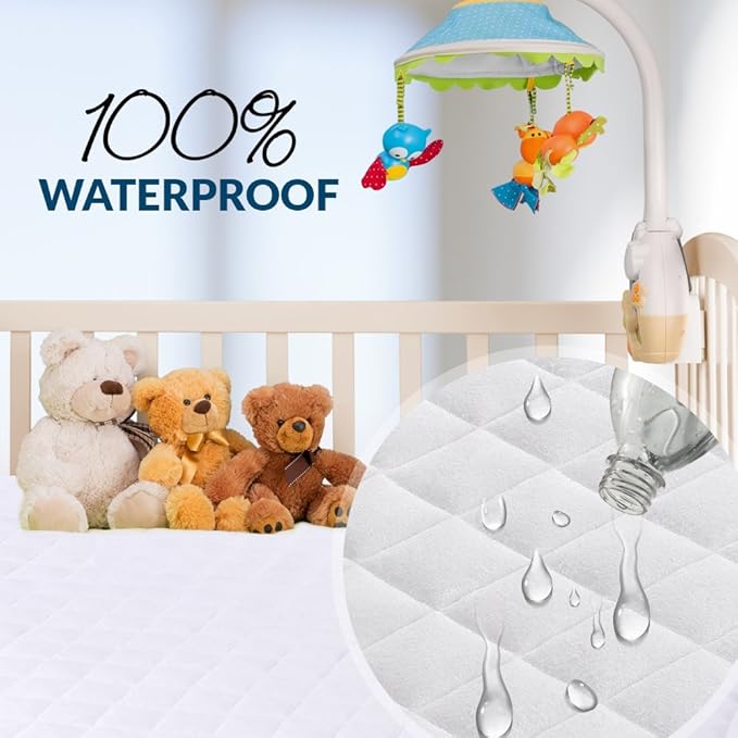 Mini Crib Mattress Protector 100% Waterproof, Noiseless – Viscose Made from Quilted Ultra Soft White Terry Fitted Sheet Style (27”X39”)