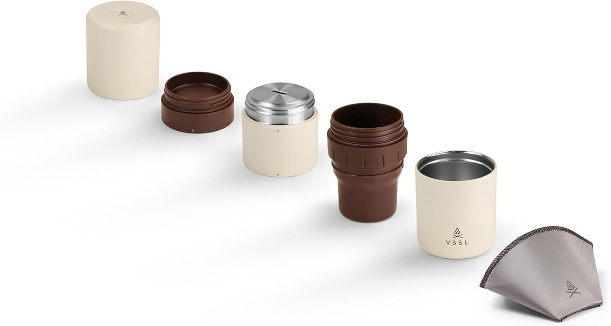 Nest Pour Over Coffee Kit | Coffee Maker for Camping | All-In-One Travel Pour Over | Transportable Dripper, Two 10oz Stainless Steel Travel Mugs | Compact Storage & Adventure Ready | Cream