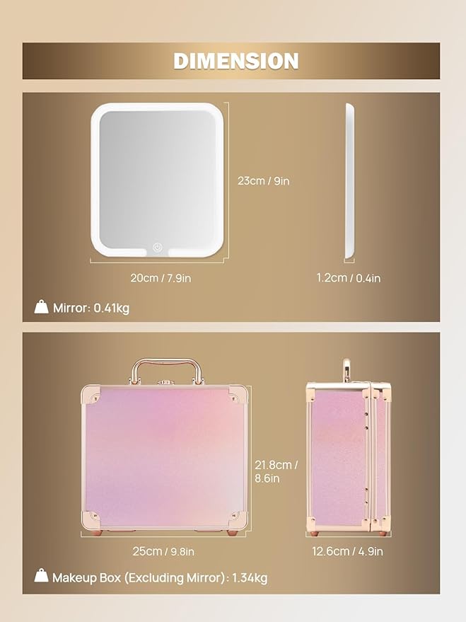 OMIRO Makeup Case, Makeup Bag with Light Up Mirror Set, Makeup Organizer Bag with Magnet Makeup Mirror for Women and Girls