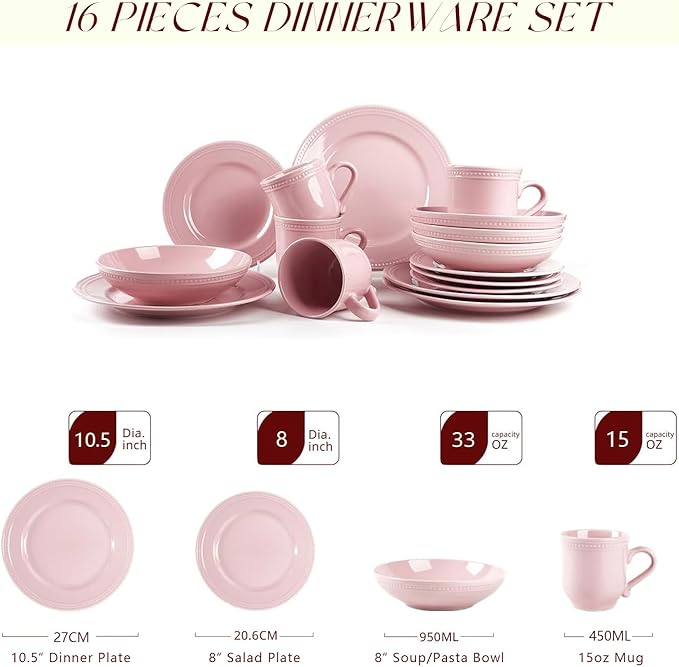 Pearl Dots Stoneware Dinnerware Set(16pc Set, Pink)