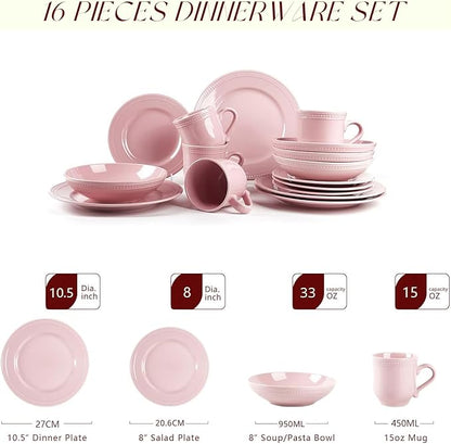 Pearl Dots Stoneware Dinnerware Set(16pc Set, Pink)