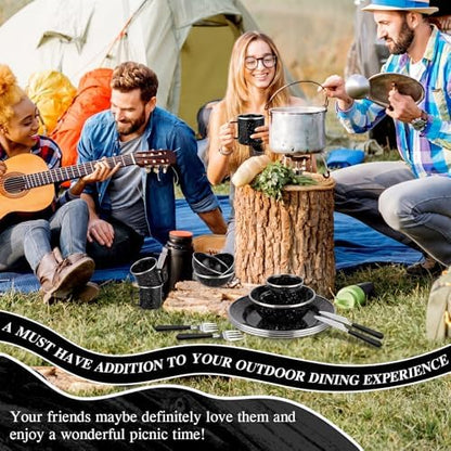 Nuogo 24 Pcs Camping Dinnerware Enamel Mugs Plates Bowls Utensils, Black