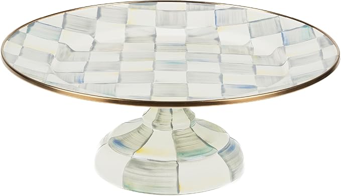 MACKENZIE-CHILDS Enamel Pedestal Platter, Round Cake Stand, Small, Gray-and-White Sterling Check