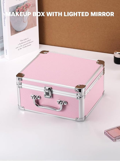 Qislee Makeup Box with A Detachable Lighted Mirror, Waterproof Travel Train Case, Cosmetic Organizer and Makeup Suitcase with Adjustable Dividers, Magnetic LED Mirror(Icy Pink)