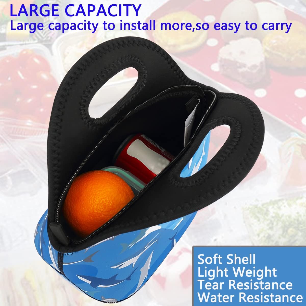 FlowFly Neoprene Kids Lunch box Insulated Soft Bag Mini Cooler Thermal Meal Tote Kit for Boys, Girls,Men,Women,School,Work, Office, Shark